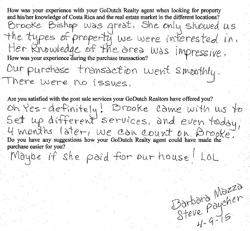 A hand written testimonial about a Costa Rica real estate purchase